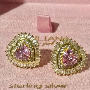 GUILIANA New York Sterling Silver Gold-Tone Heart Pink Cubic Zirconia Earrings
